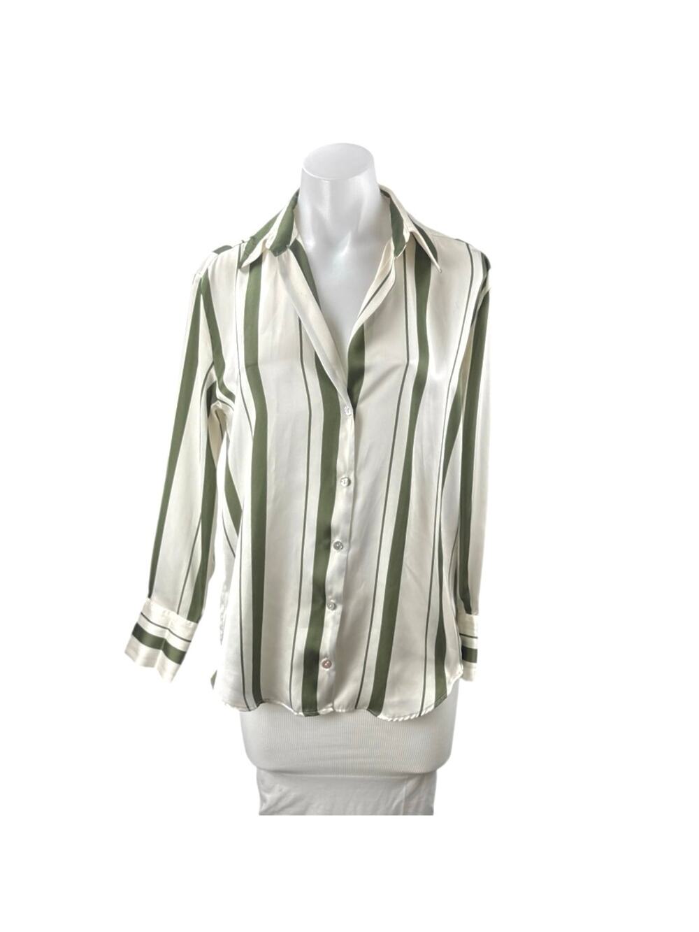 Zara Women's Green Satin Striped Collared Long Sleeve Button Down Shirt Top XS